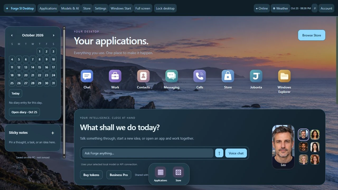 Forge SI Desktop with Coastal Light wallpaper, calendar and AI portraits