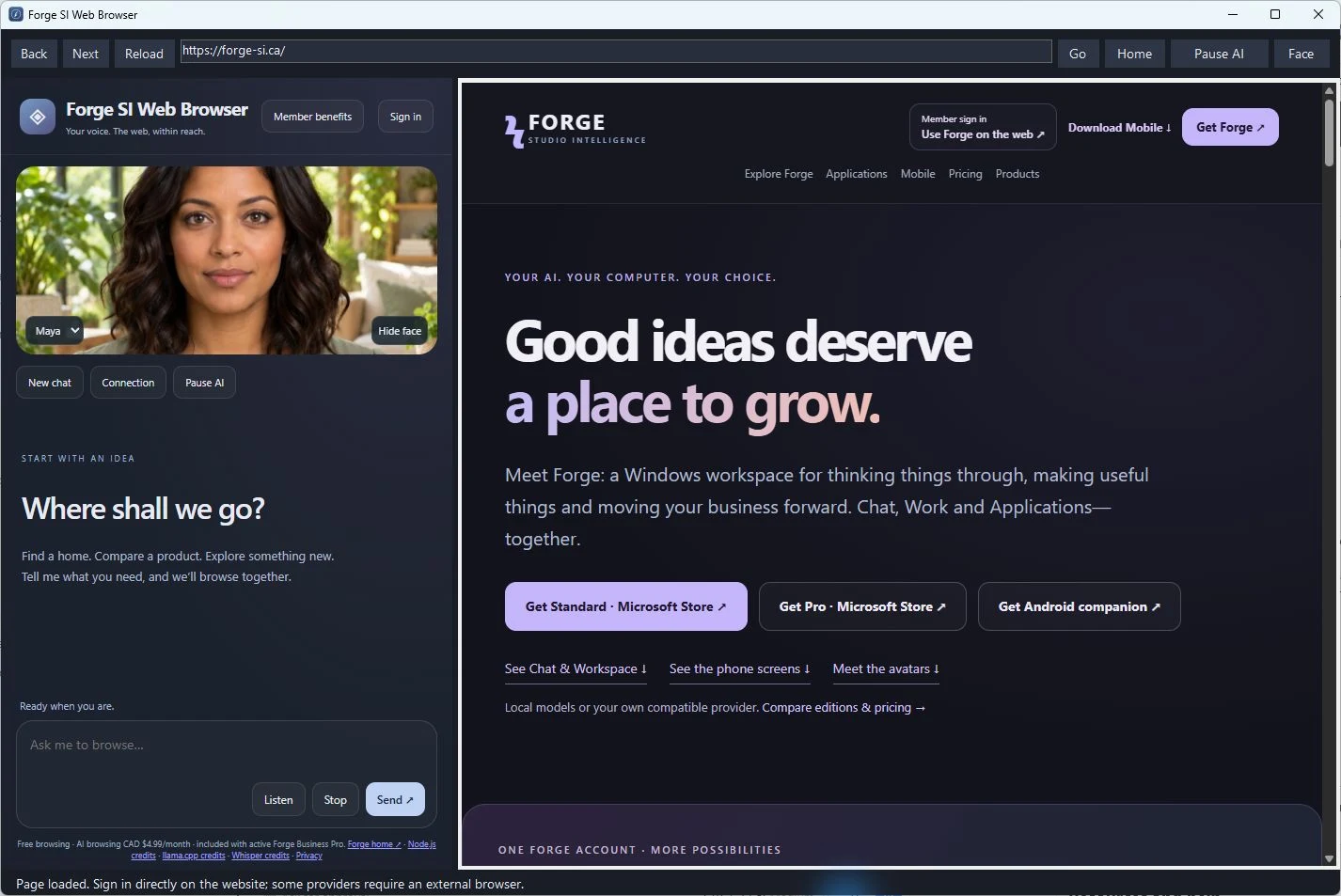Forge SI Web Browser interface with sample content