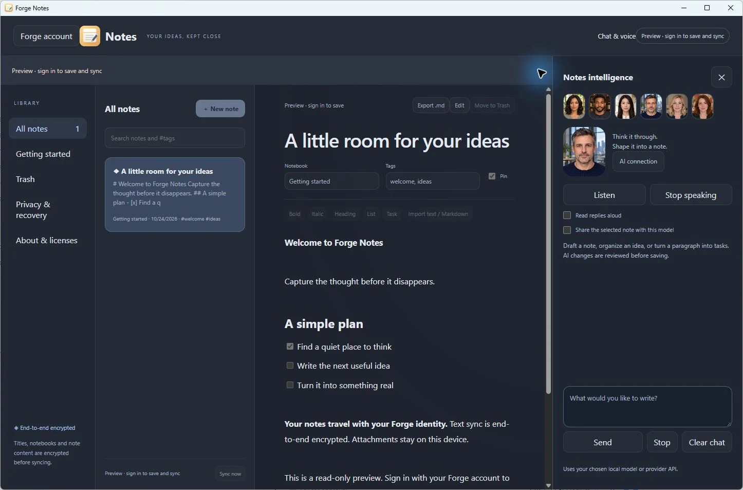 Forge Notes interface with sample content