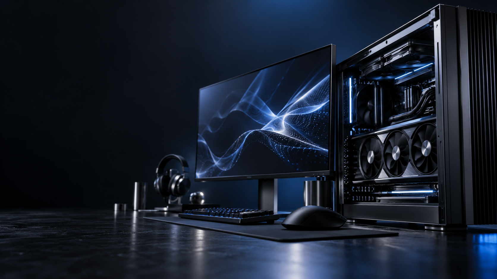 Technical concept photograph of a graphite GPU workstation under blue light